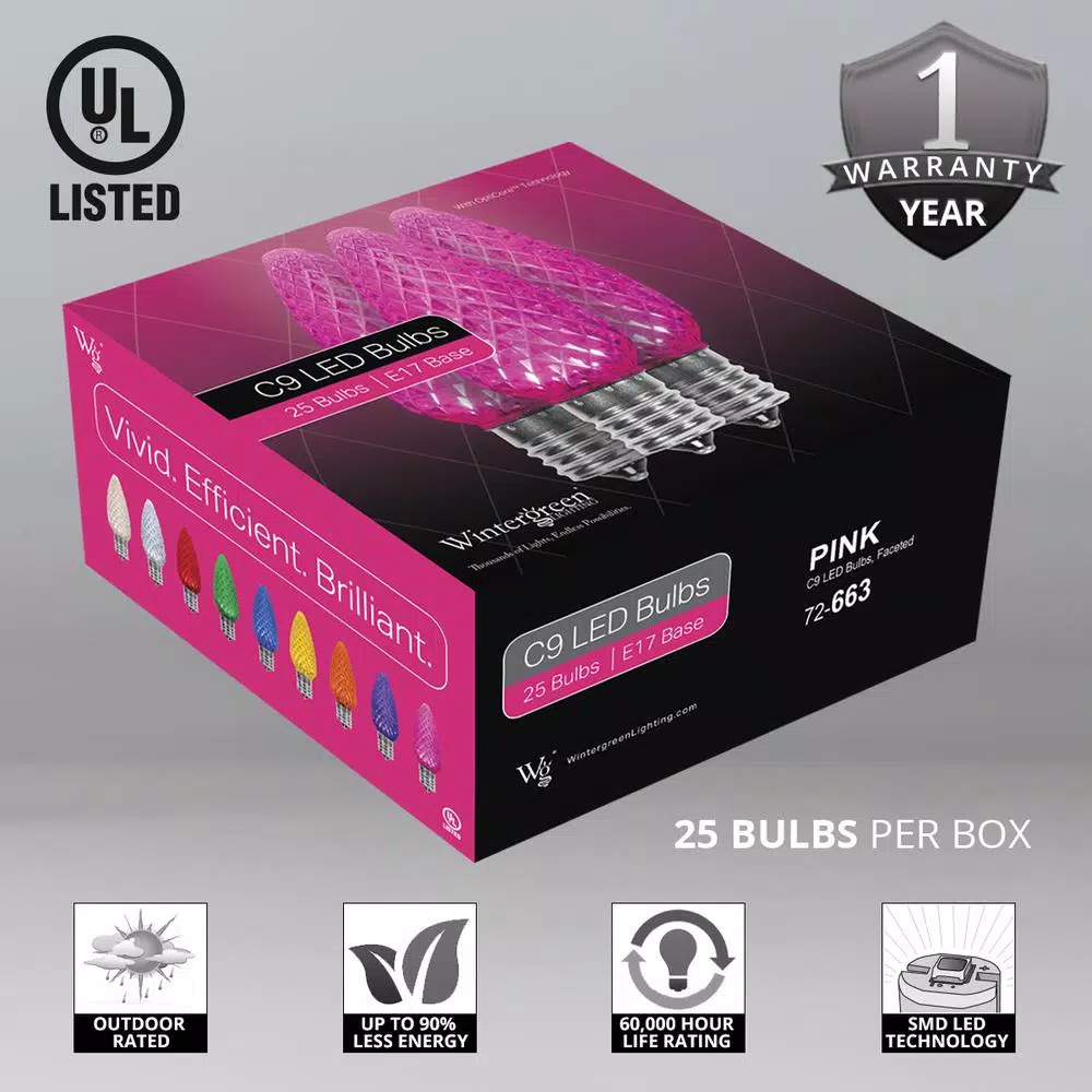Wintergreen Lighting OptiCore C9 LED Pink Faceted Christmas Light Bulbs (25-Pack) 4 Wintergreen Lighting OptiCore C9 LED Pink Faceted Christmas Light Bulbs (25-Pack) - Image 2