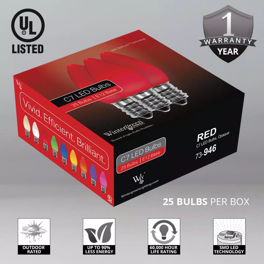 Wintergreen Lighting OptiCore C7 LED Red Smooth/Opaque Christmas Light Bulbs (25-Pack) 4 Wintergreen Lighting OptiCore C7 LED Red Smooth/Opaque Christmas Light Bulbs (25-Pack) - Image 2