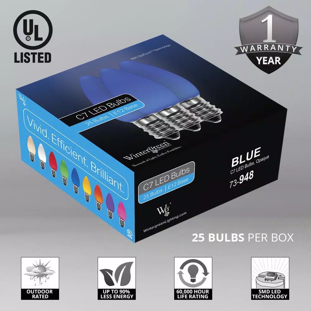 Wintergreen Lighting OptiCore C7 LED Blue Smooth/Opaque Christmas Light Bulbs (25-Pack) 4 Wintergreen Lighting OptiCore C7 LED Blue Smooth/Opaque Christmas Light Bulbs (25-Pack) - Image 2