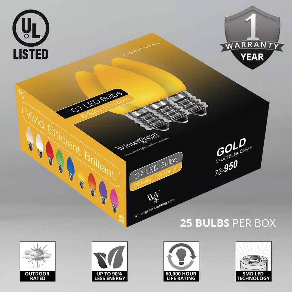 Wintergreen Lighting OptiCore C7 LED Gold Smooth/Opaque Christmas Light Bulbs (25-Pack) 4 Wintergreen Lighting OptiCore C7 LED Gold Smooth/Opaque Christmas Light Bulbs (25-Pack) - Image 2