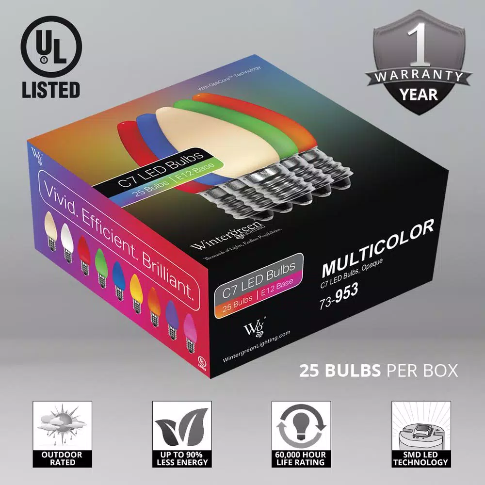 Wintergreen Lighting OptiCore C7 LED Multi-Color Smooth/Opaque Christmas Light Bulbs (25-Pack) 4 Wintergreen Lighting OptiCore C7 LED Multi-Color Smooth/Opaque Christmas Light Bulbs (25-Pack) - Image 2