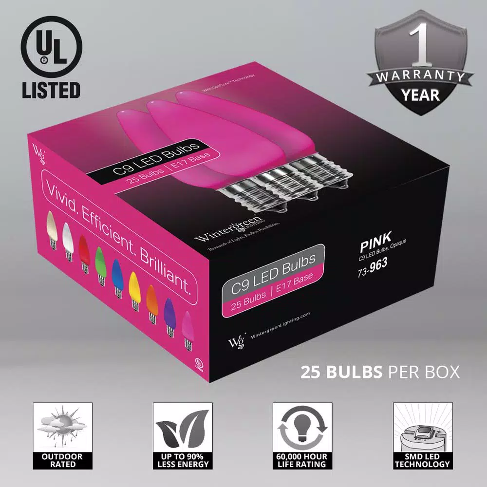 Wintergreen Lighting OptiCore C9 LED Pink Smooth/Opaque Christmas Light Bulbs (25-Pack) 4 Wintergreen Lighting OptiCore C9 LED Pink Smooth/Opaque Christmas Light Bulbs (25-Pack) - Image 2