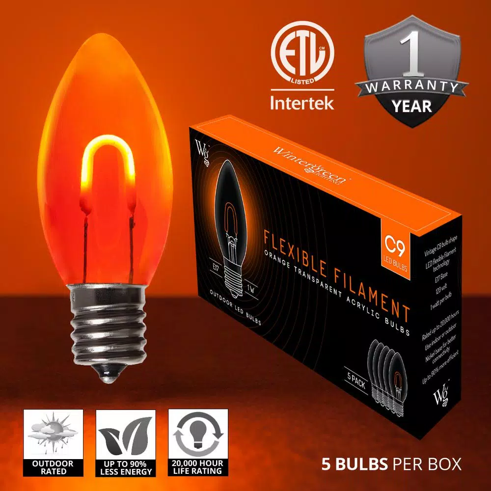 Wintergreen Lighting FlexFilament C9 LED Shatterproof Orange Vintage Edison Christmas Light Bulbs (5-Pack) 4 Wintergreen Lighting FlexFilament C9 LED Shatterproof Orange Vintage Edison Christmas Light Bulbs (5-Pack) - Image 2