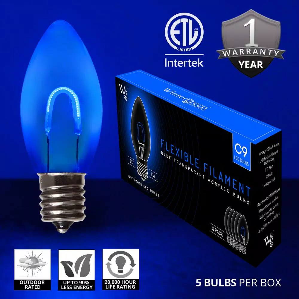 Wintergreen Lighting FlexFilament C9 LED Shatterproof Blue Vintage Edison Christmas Light Bulbs (5-Pack) 4 Wintergreen Lighting FlexFilament C9 LED Shatterproof Blue Vintage Edison Christmas Light Bulbs (5-Pack) - Image 2