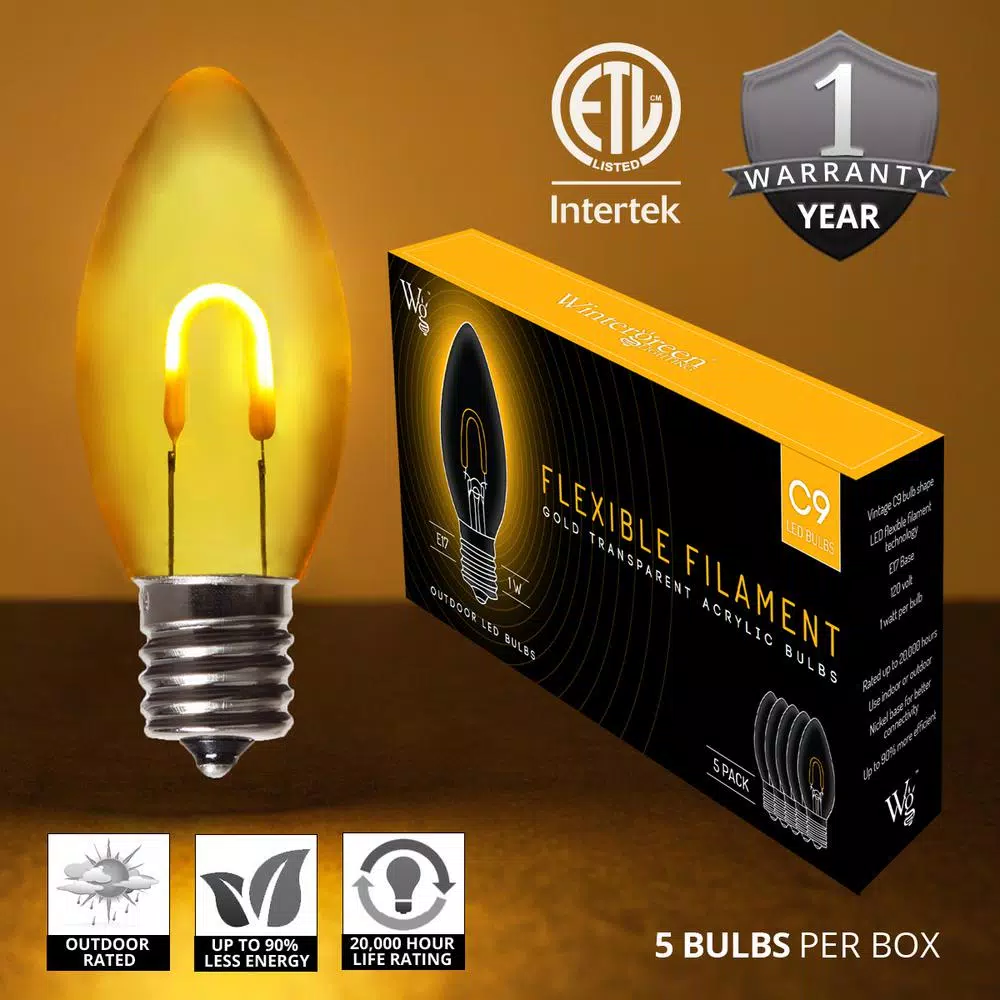 Wintergreen Lighting FlexFilament C9 LED Shatterproof Gold Vintage Edison Christmas Light Bulbs (5-Pack) 4 Wintergreen Lighting FlexFilament C9 LED Shatterproof Gold Vintage Edison Christmas Light Bulbs (5-Pack) - Image 2