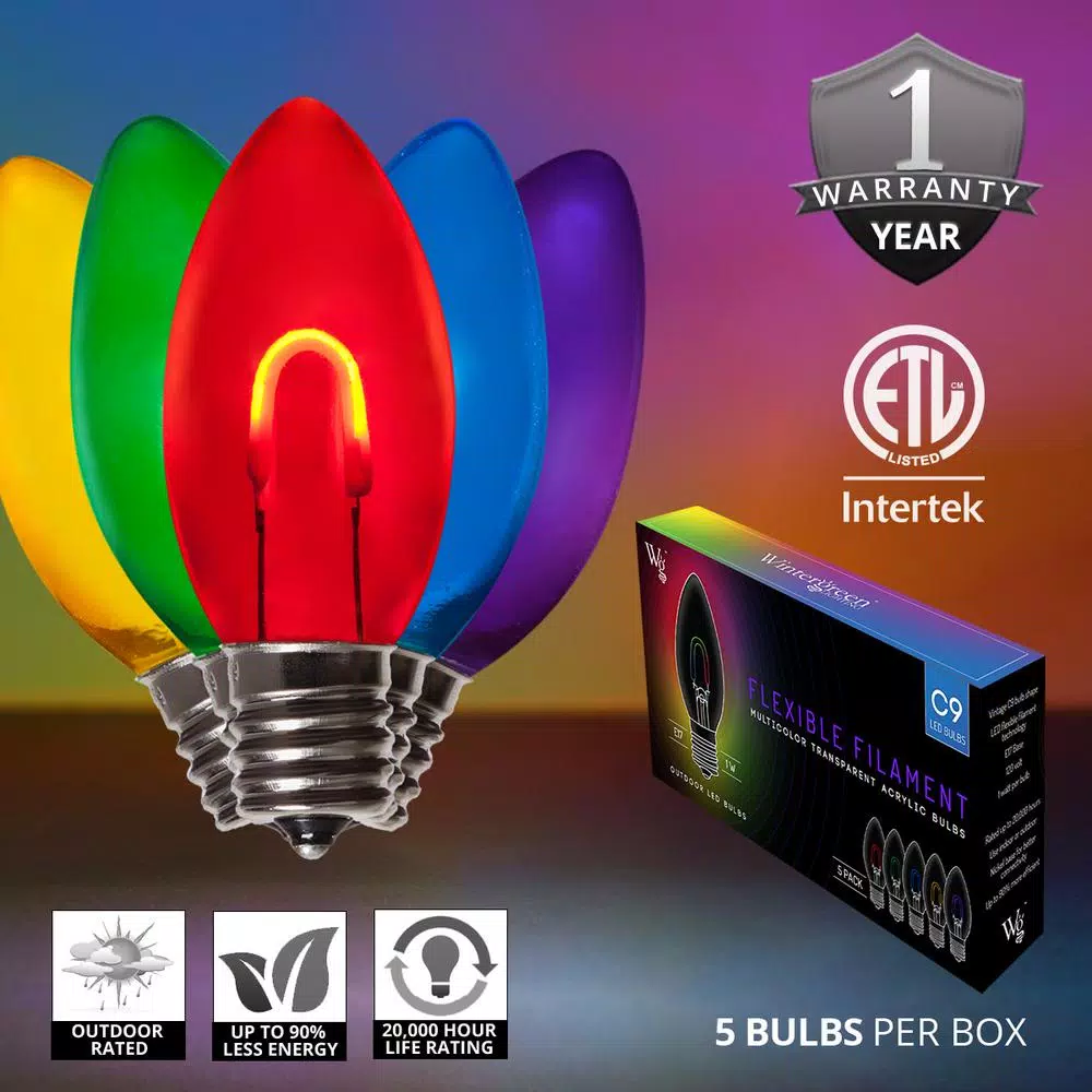 Wintergreen Lighting FlexFilament C9 LED Shatterproof Multi-Color Vintage Edison Christmas Light Bulbs (5-Pack) 4 Wintergreen Lighting FlexFilament C9 LED Shatterproof Multi-Color Vintage Edison Christmas Light Bulbs (5-Pack) - Image 2