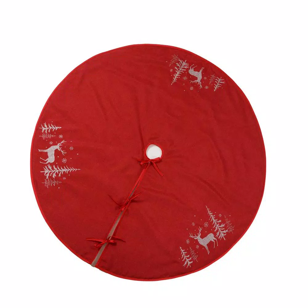 Xia Home Fashions 56 In. Deer In Snowing Forest Round Christmas Tree Skirt In Red 3 Xia Home Fashions 56 In. Deer In Snowing Forest Round Christmas Tree Skirt In Red